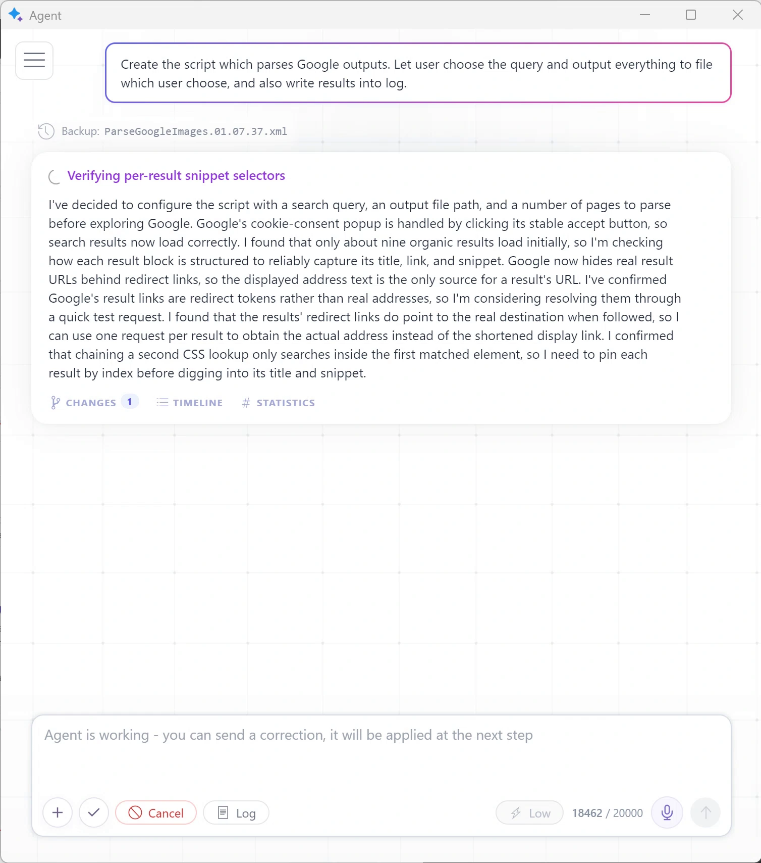 The real Agent window inspecting Google results and writing its progress