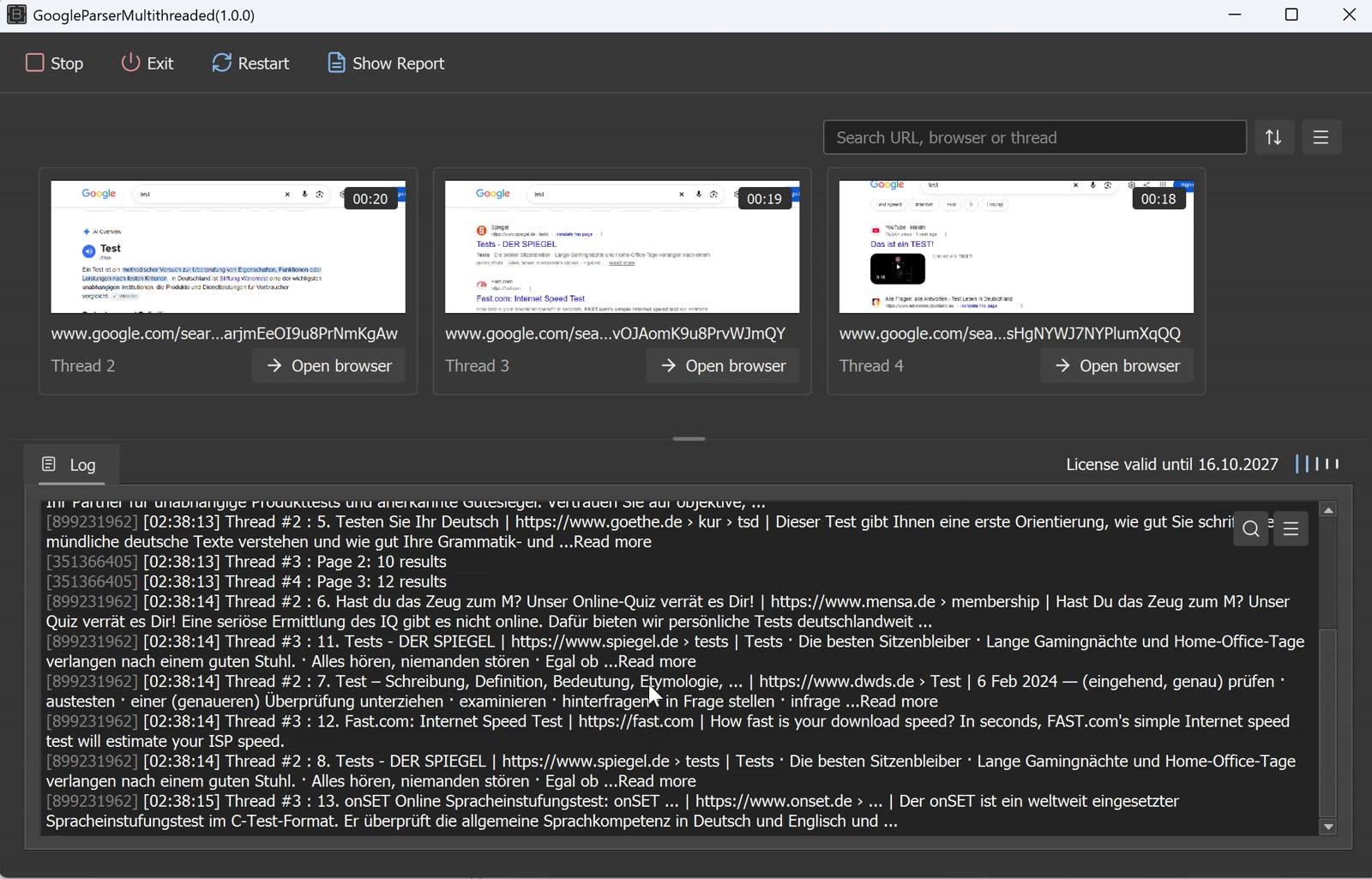 The compiled Windows app running three browsers and writing results to its log