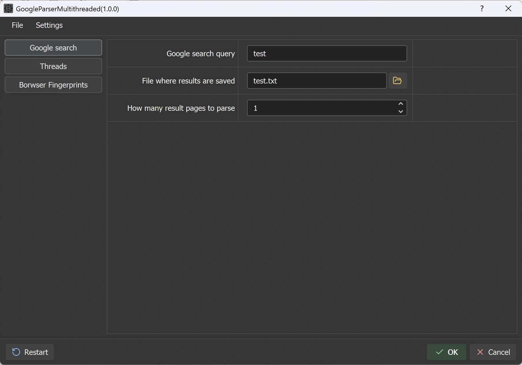 The input interface included in the compiled Windows application